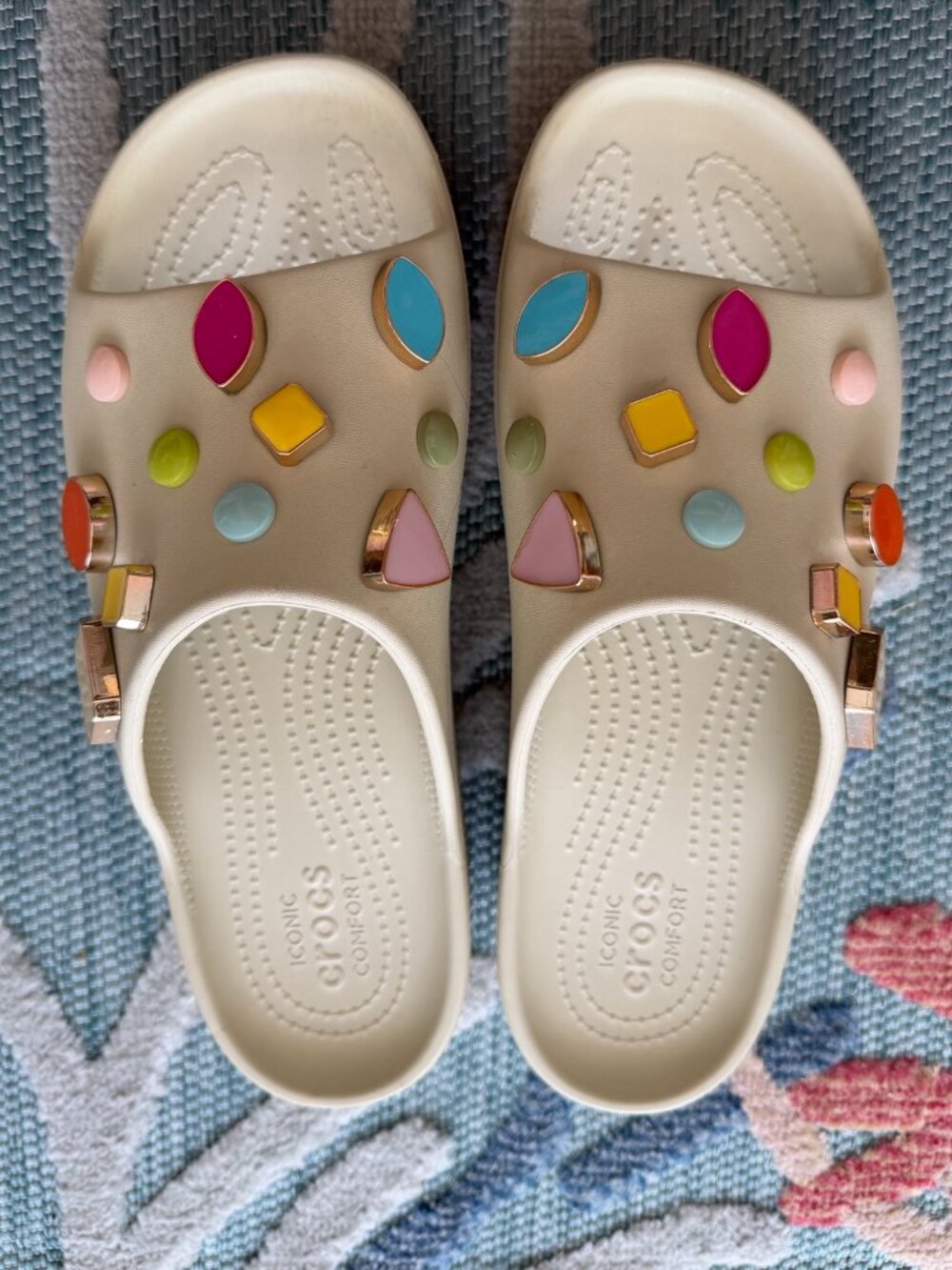 Crocs Classic Platform Slides Ivory with Colorful Jibbitz Charms - W9